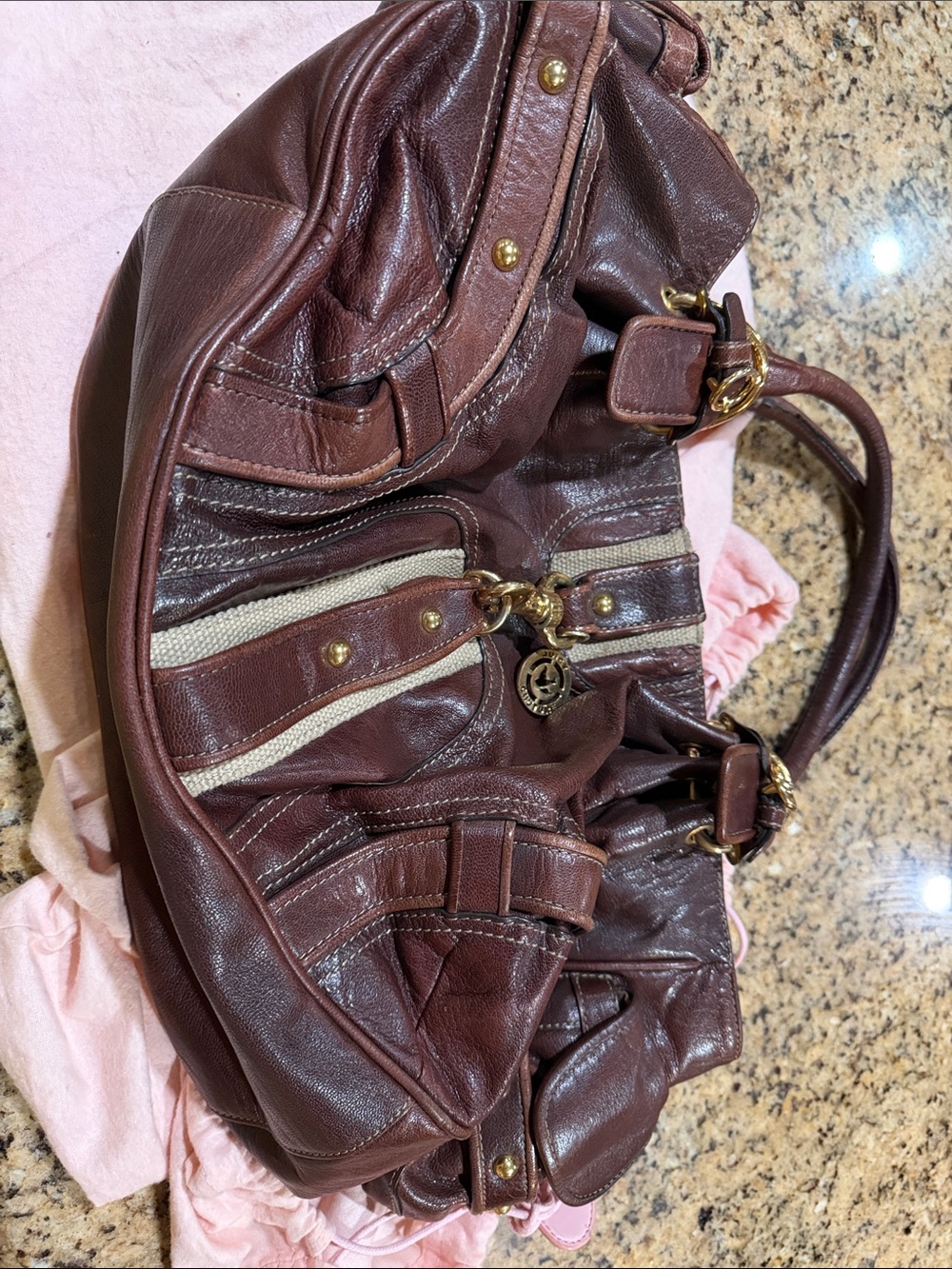 Vintage Juicy Designer-Style Brown Leather Shoulder Bag with Gold Hardware